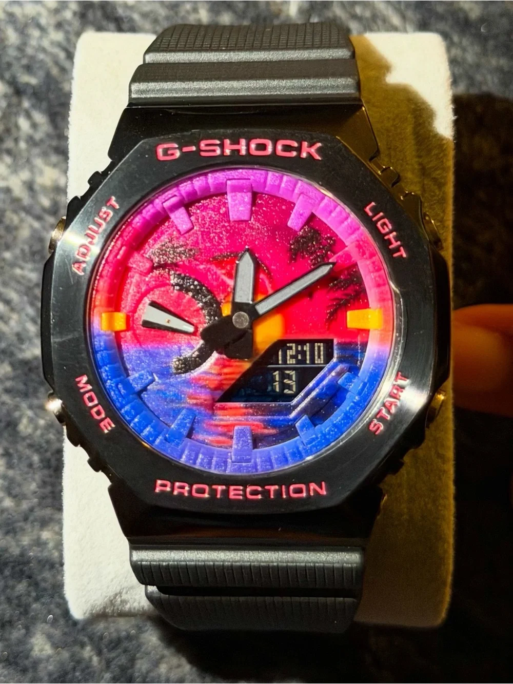 G-Shock Black Watch with Pink and Blue Sunset Dial